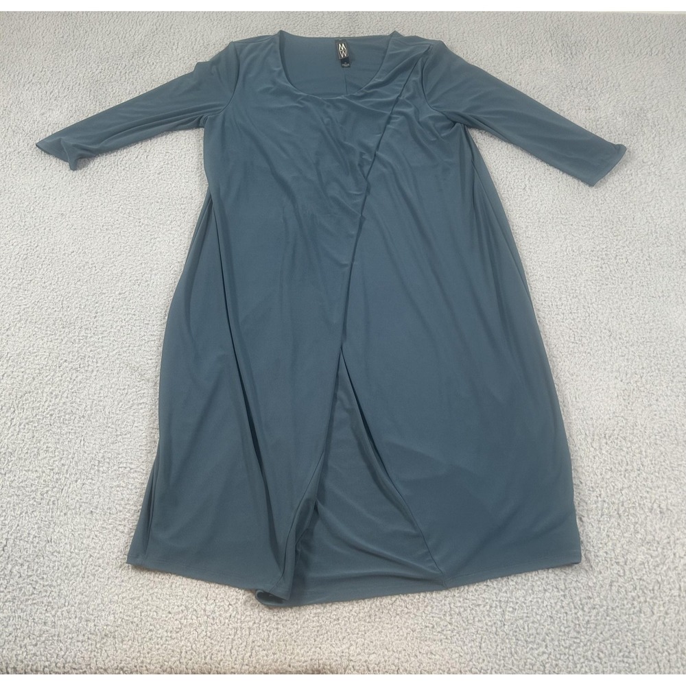 Marla Wynne Dress Womens Medium Blue Jersey 3/4 Sleeve Faux Wrap‎ Trapeze Midi